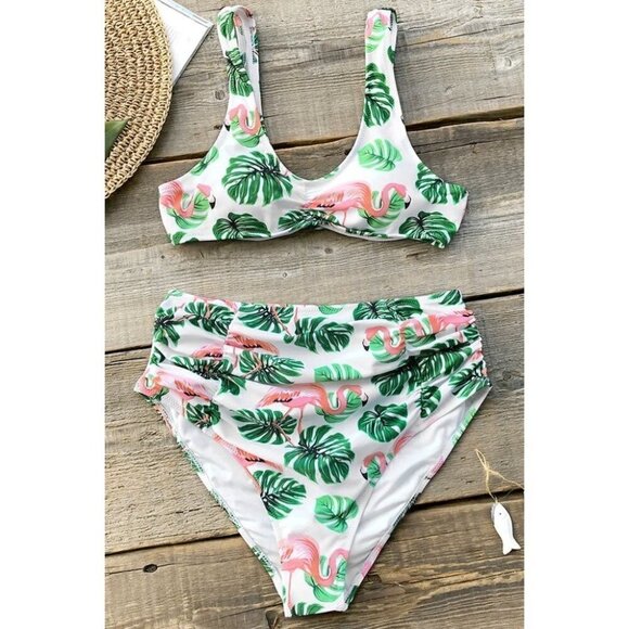 Cupshe Other - NEW White Green Flamingo Monstera Bikini Swim Set Size Small